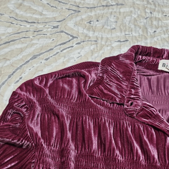 Bibi Women’s Metallic Pink Velvet Button Down Shirt Ruched Long Sleeve Sz Small - Picture 10 of 14